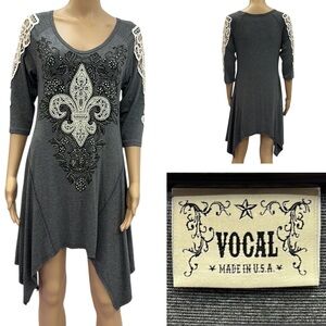 Vocal Crochet Lace Accent Embellished 3 Quarter Sleeve Shark Bite Tunic Dress S